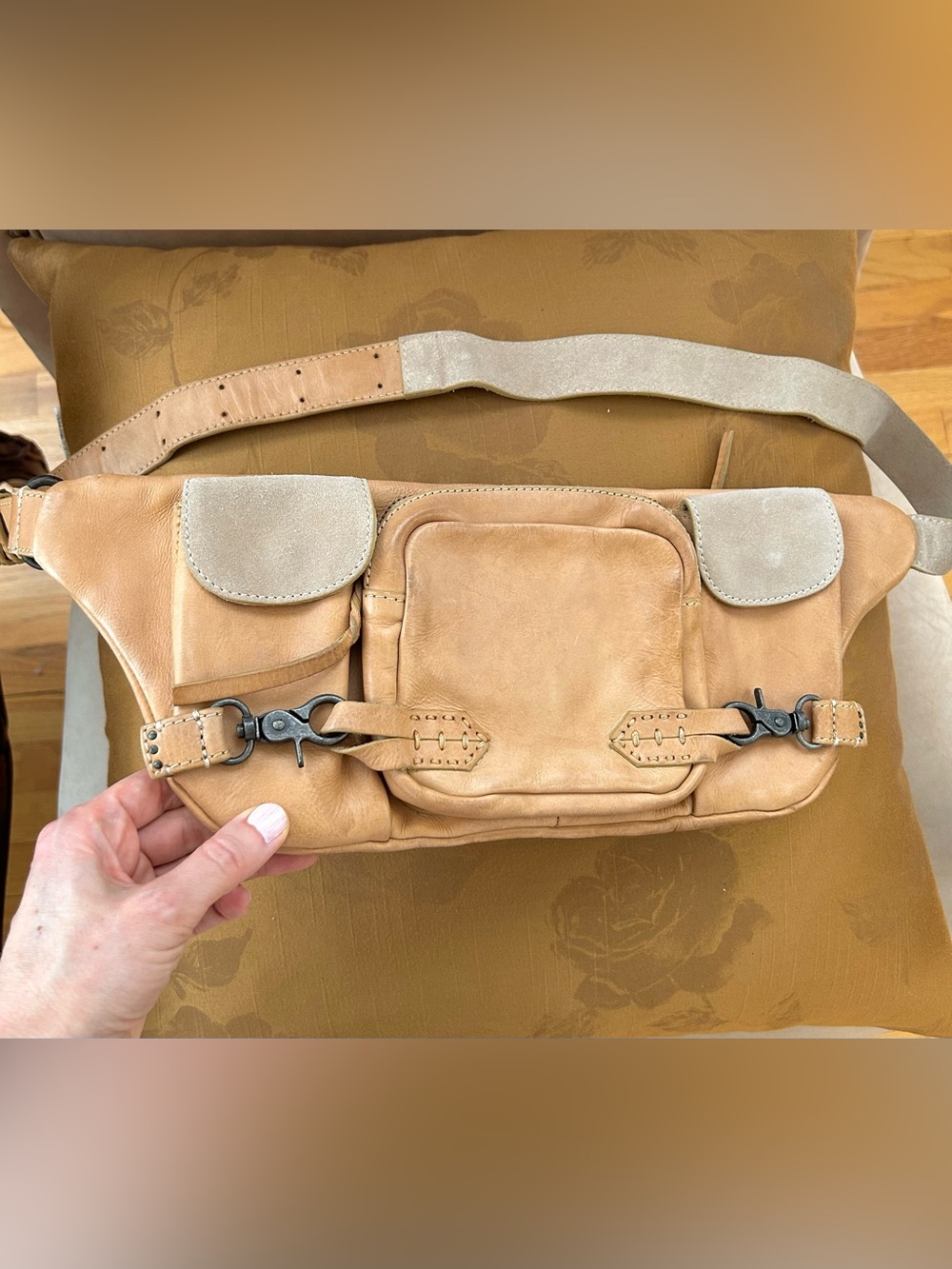 Free People We The Free Little Rivers Honey Leather & Suede Sling Bag NWT
